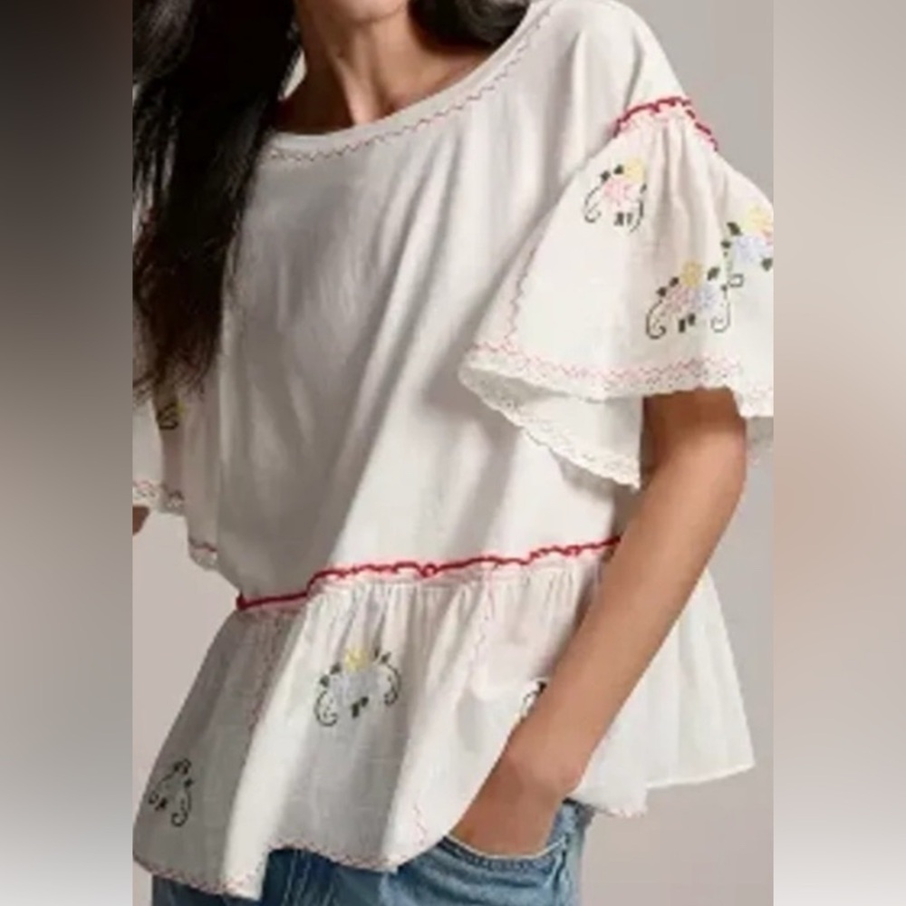 Anthropologie White Blouse with Floral Embroidery